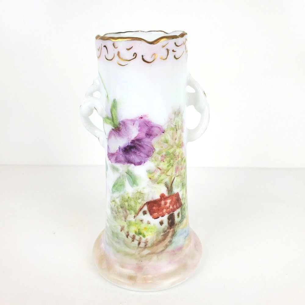 Vintage Hand Painted Signed Ann Vomel Double Handled Spring Floral Scene Vase